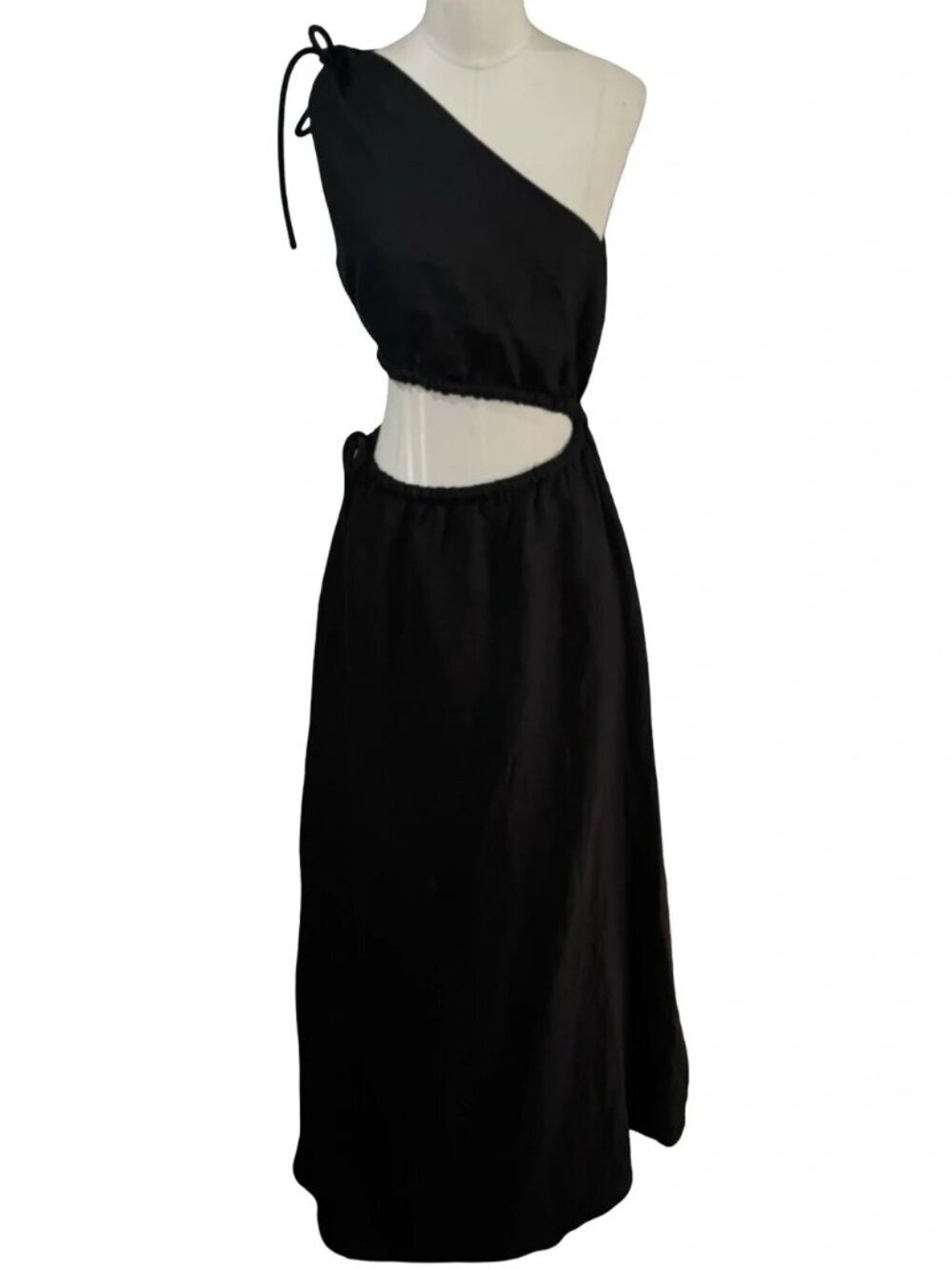 SIR. Black Asymmetrical Open Waist Midi Dress - 100% Linen - Picture 6 of 13